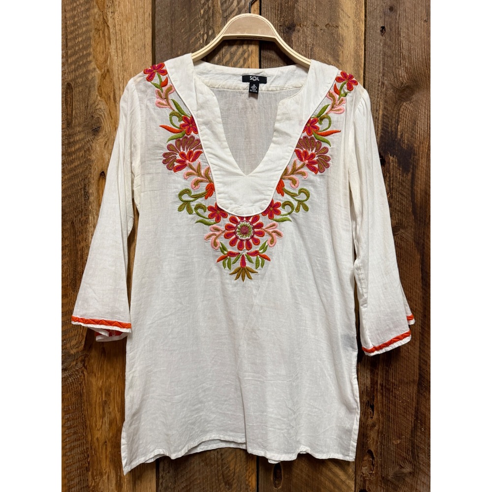 SOL Womens M Embroidered Cotton Tunic Blouse Boho Peasant Cottagecore Festival